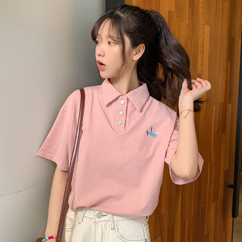 领子的翻领t恤女学生日系反领衫半截袖宽松韩版夏天穿的半袖上衣粉色m