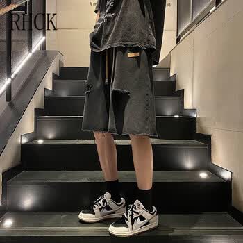 男休闲直筒宽松破洞中裤复古大裤衩夏季五分裤子男士黑色s建议8595斤
