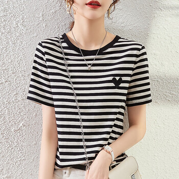 皮尔卡丹夏季新款条纹短袖凉感t恤女时尚百搭女装显瘦圆领凉感t恤女
