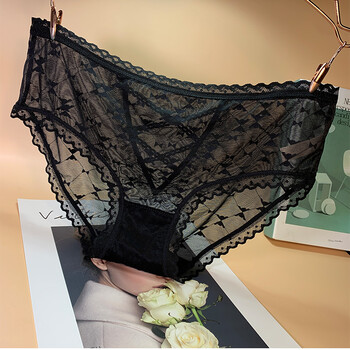 中腰内裤女蕾丝无痕纯棉裆透气透明女士性感秋冬薄款冰丝短裤黑色5583