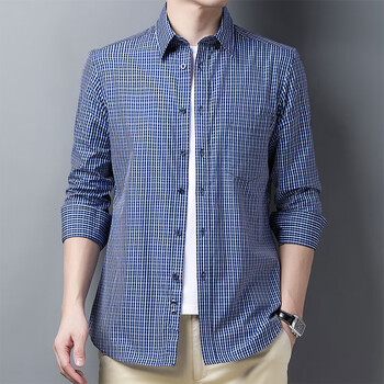 carli 长袖衬衫男纯棉细腻柔软春季轻薄休闲绅士蓝色小格子长袖衬衣男