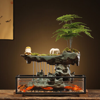 器生财客厅创意摆件办公室小型鱼缸桌面景观开业礼品 水月洞天(财神)