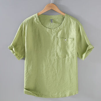 新款亚麻短袖t恤男士青年圆领半袖上衣宽松休闲百搭潮流衣服黄绿色m