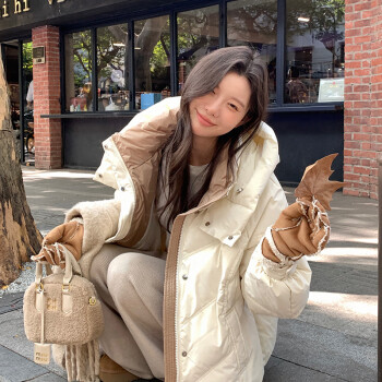 曼蓄羽绒服女士2024年短款冬季新款小个子高端大牌休闲连帽保暖外套女 米白色 S 建议80-105斤