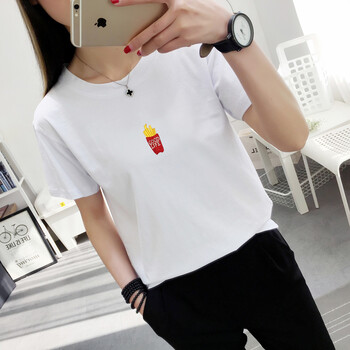ins百搭休闲小衫短袖t恤装学生宽松上衣丅潮经典薯条白色m80100斤可穿