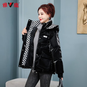 雅鹿免洗羽绒服女亮面2023韩版短款冬季宽松加厚连帽女装外套黑色m