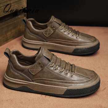 quvinniu2024新款男士皮鞋平底复古春秋款圆头棕色潮流百搭休闲男鞋子