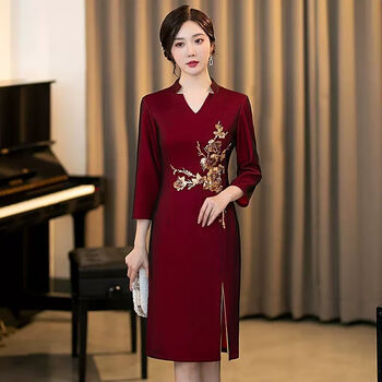 顾萧妈妈婚宴婚庆礼服高贵旗袍装新款女结婚喜婆婆装秋冬九分袖打底连