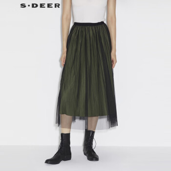 sdeer圣迪奥女装个性松紧网纱拼接不规则长裙S21361112 深橄榄绿/88 L 