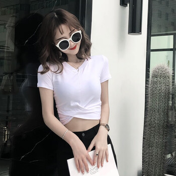 wvok  短袖t恤女夏季露脐超短款修身韩版紧身显瘦性感v领高腰上衣漏