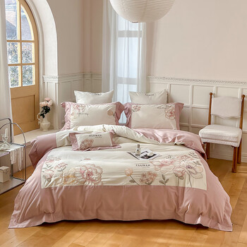 雅鹿床上四件套纯棉100床单被套酒店家纺高档床笠款夏季冰丝4件套春色