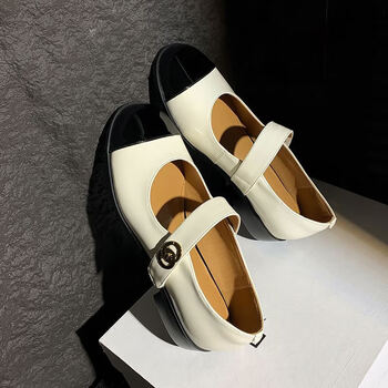 康曼朵小香风玛丽珍鞋拼色2024新款小众设计感小皮鞋圆头浅口银色单鞋