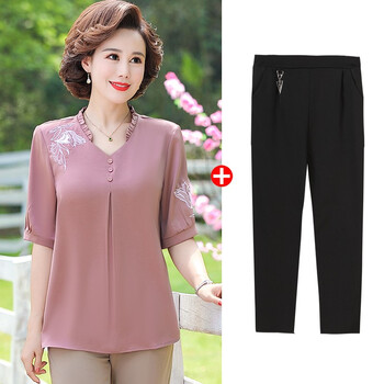 情罗兰妈妈装夏装中老年女装套装短袖t恤雪纺衫裤子两件套4050岁中年