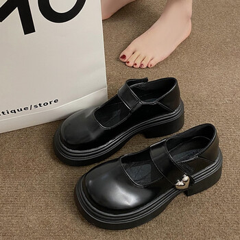 圆头厚底玛丽珍单鞋子女2023夏季薄新款日系jk浅口英伦百搭小皮鞋黑色