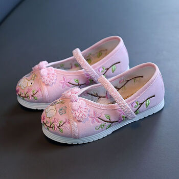 蓝羽静汉服鞋女童绣花鞋老北京儿童手工布鞋民族风古装鞋子舞蹈刺绣