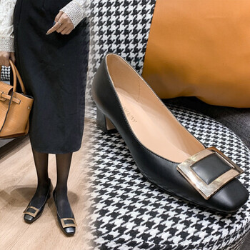 帛屐单鞋女2022年新款方扣粗跟工作鞋中跟大码通勤女鞋马蹄跟高跟鞋