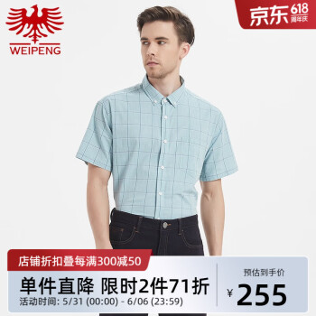 威鹏（weipeng）[纯棉]男士短袖衬衫夏季新款口袋宽松休闲百搭格仔衬衣C22063 浅绿色 XL