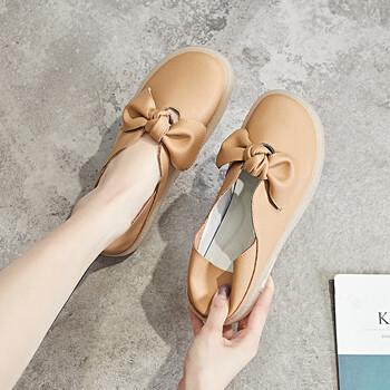 牧童牛小白鞋女秋季新款真牛皮防滑平底单鞋蝴蝶结软底孕妇女鞋豆豆鞋