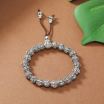 手链男女复古莲花圆珠手串佛珠国潮文玩配饰 六字真言古银款珠径约8mm