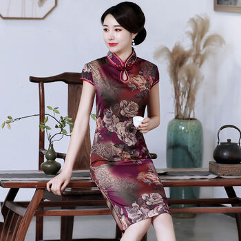 妈妈装夏季短袖旗袍连衣裙中年仿旗袍女中长款日常旗袍裙 56# 玫红花