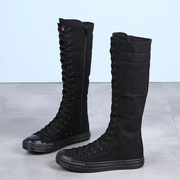 刺链春夏新款远步帆布鞋女靴子长筒纯色过膝靴内增高演出靴百搭女靴潮