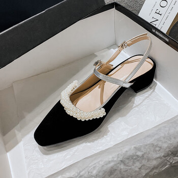 百丽踏仙女风珍珠玛丽珍单鞋法式复古少女高跟鞋大码尖头粗跟包头凉鞋