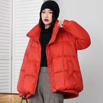 优衣库反季韩版服女短款立领加厚宽松2023款面包服冬装外套红色均码