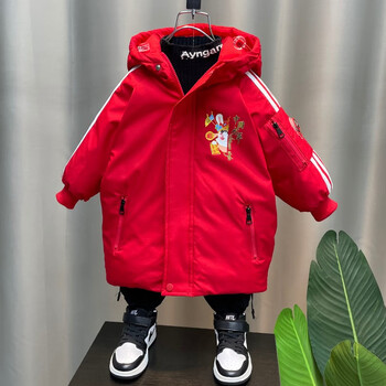 童装男童外套儿童服装男宝宝冬季羽绒服小男孩加厚中长款国潮棉服红色
