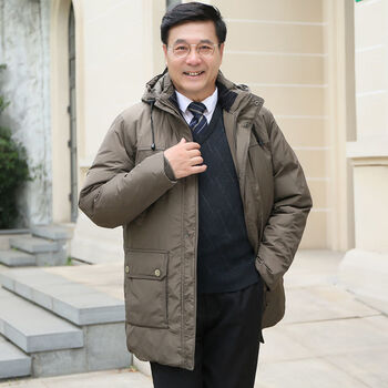 中老年羽绒服男士中长款爸爸装外套加厚防寒服清仓军绿色加厚可脱卸