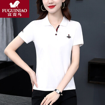 富贵鸟品牌夏季新款女士翻领休闲上衣短袖t恤女中年有领半袖polo衫