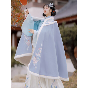 学生乐 改良汉服女秋冬斗篷披风加绒中国风加厚保暖秋冬古装外套 蓝色