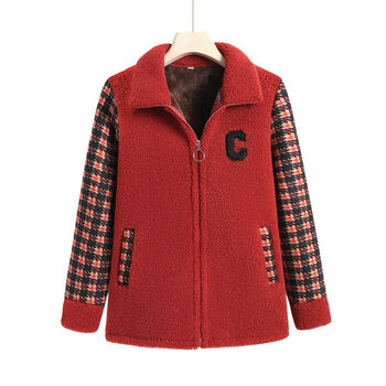 命年衣服女龙年女冬妈妈装加绒加厚毛呢外套秋大码中老年胖季拼 红色