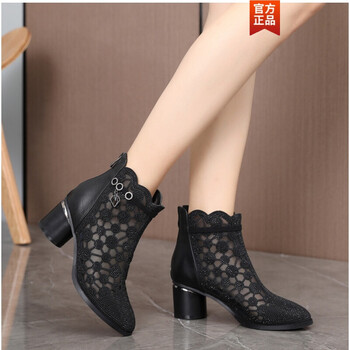 捡漏特价轻奢高档夏款镂空女鞋水钻镂空网纱短靴女春秋新款粗跟大码网