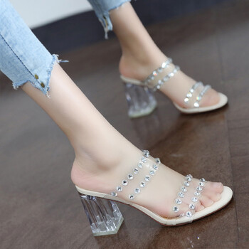 昌祥回力水晶凉鞋女坡跟外穿透明高跟半拖鞋天天露趾粗跟水钻夏季新款