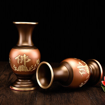 佛教用品 供佛花瓶纯铜佛字莲花净水瓶供具寺庙居家摆件 古青色 8寸一