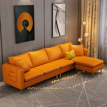 爱马仕橙色沙发轻奢橘黄色桔色皮2021年新款客厅小户型皮橘色橙 三