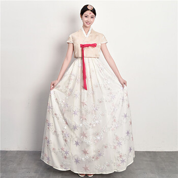 族演出服装新款成人春夏高端韩服纱裙女传统宫廷礼服民族黄衣白裙s