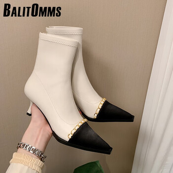 百丽驼美士女鞋23秋冬弹力靴女瘦瘦靴短靴单靴尖头金属链拼色细高跟女