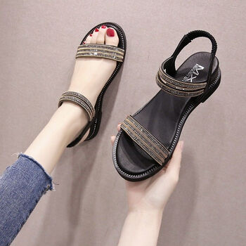 抒融凉鞋女学生韩版百搭新款外穿网红性感学院风水钻休闲罗马鞋女金色