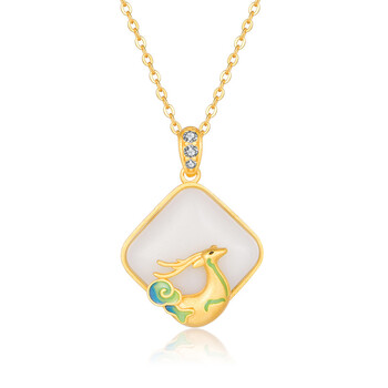 润泉贝儿s925银镶和田玉鹿鹿平安吊坠国潮项链饰品 s925银镶和田玉鹿