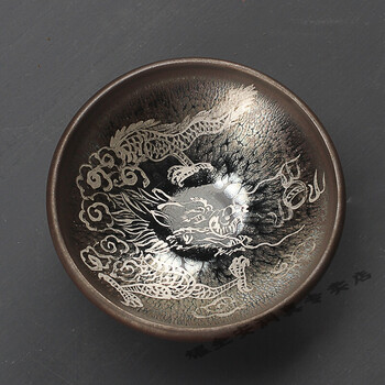 茶具纯手工大号999纯银手绘龙凤建盏银杯子家用纯手工灯盏功夫茶杯主