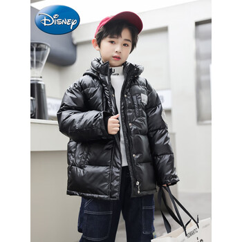 迪士尼儿童羽绒服男童中长款秋冬季中大童装防风衣服小男孩加厚外黑色