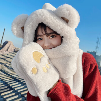 网红小熊帽子围巾女冬天保暖围脖韩版连帽网红毛绒耳朵可爱三件套围巾