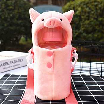大学生奶嘴式喝水杯吸管玻璃杯大人奶瓶 小猪斜挎套加三盖奶瓶 樱花塞