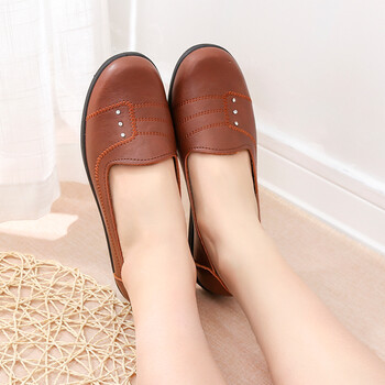 老人头品牌女鞋春秋款妈妈鞋平底软底舒适真牛皮单鞋中老年休闲防滑