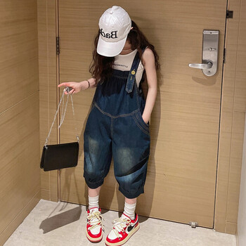 曹督女童牛仔七分背带裤韩版儿童宽松夏季薄款短裤吊带裤子大童夏装