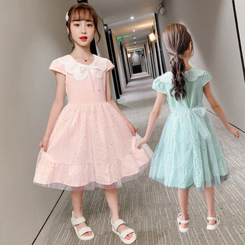 儿童连衣裙夏季女童裙子双层网纱翻领公主裙夏装棉质小女孩漂亮衣服