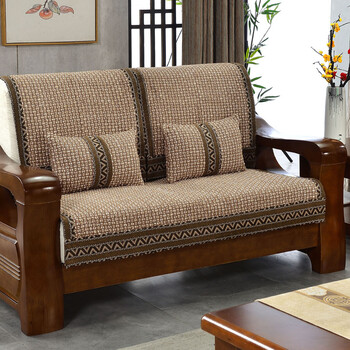 新中式实木沙发套罩棉麻亚麻布料皮垫子四季通用123组合坐垫咖啡色