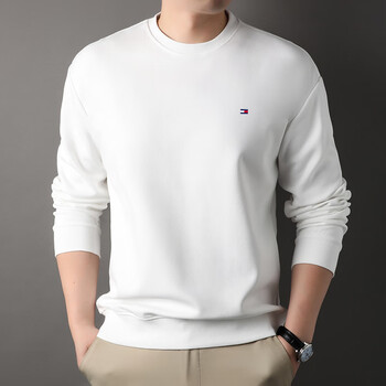 长袖厚棉t秋季新款汤米tommy男生圆领t恤美式休闲宽松上白色48m建议