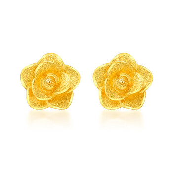 逸珀耳钉女磨砂玫瑰花蜜语热恋花朵金耳环复古新款金耳饰9999215g